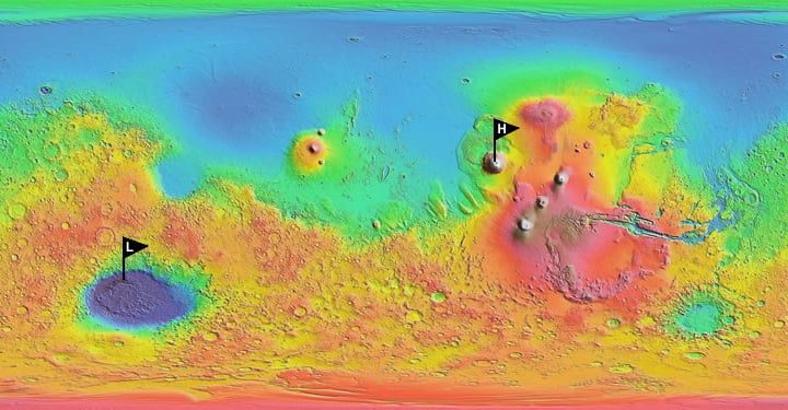 مرتفع ترین و کم ارتفاع ترین نقاط مریخ