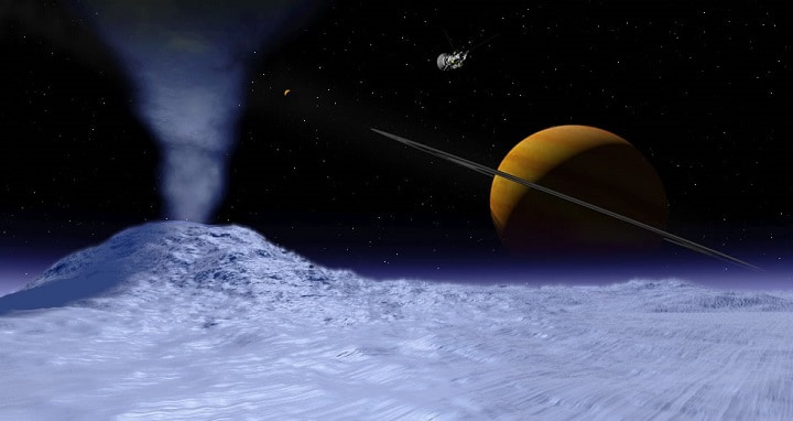 فضاپیما کاسینی در حال ثبت فوران یخ فشان انسلادوس در سال 2005