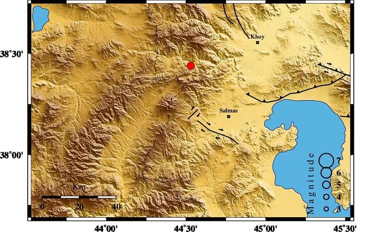 نقشه رومرکز زمینلرزه 5.8 ریشتری آذربایجان غربی قطور خوی 4 اسفند 1398