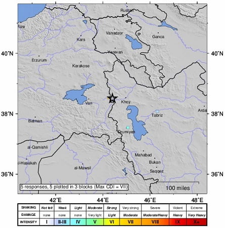 نقشه شدت زمین لرزه 5.7 ریشتری 4 اسفند 98 آذربایجان غربی - قطور خوی