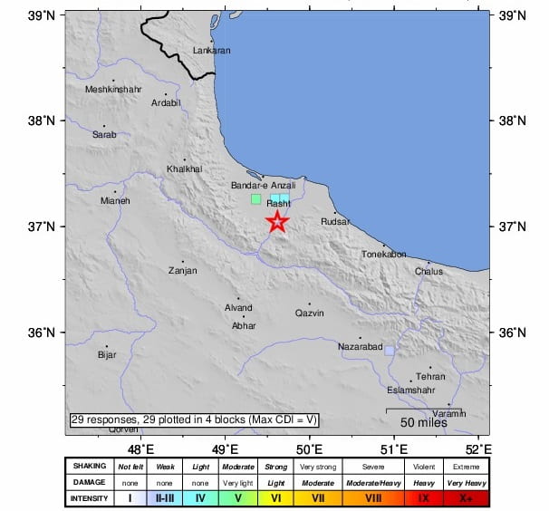 نقشه شدت زمینلرزه احمدسرگوراب گیلان 23 بهمن 1398