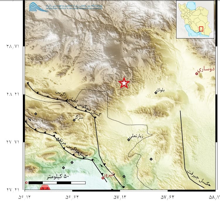 نقشه گسل و زلزله 5.4 ریشتری 8 اسفند 1399 فاریاب کرمان